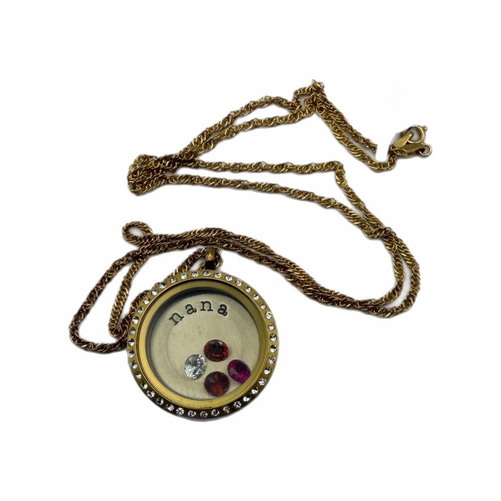 Nana Gold Tone Floating Locket Necklace Rhinestone Glass Pendant Birthstone